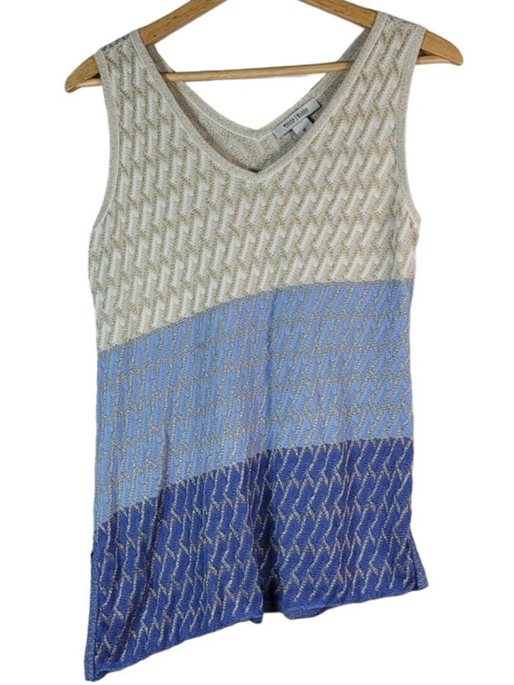 White House Black Market Women Knit Top Blue Medium Sleeveless Striped V Neck